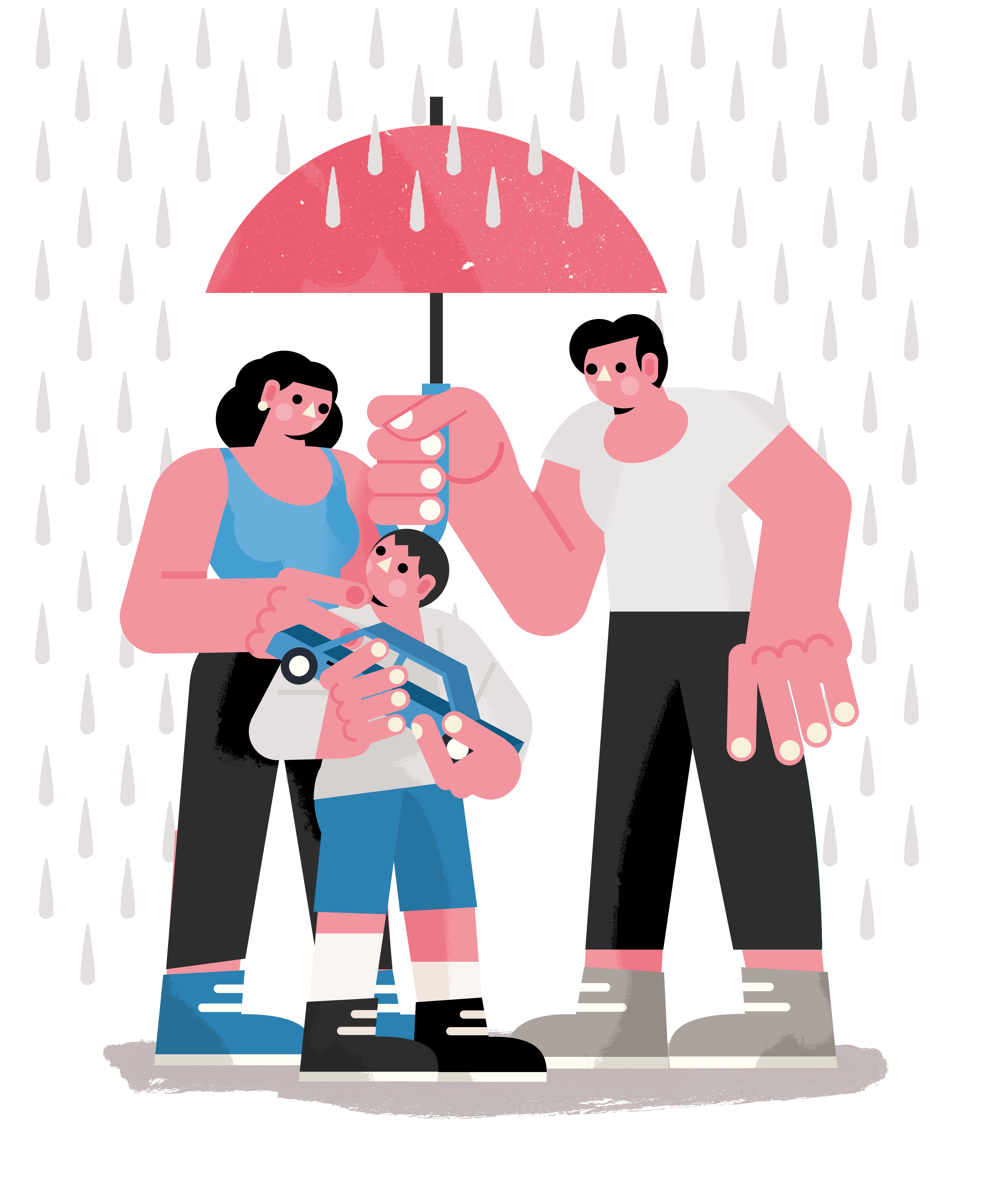 man protecting family from rain